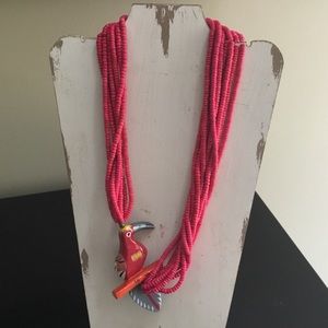Vintage 80s handmade Toucan hot pink wood bead 32" necklace